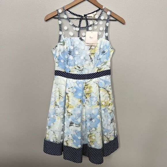 RYU Anthropologie Tulle Fit and Flare Floral Dress Mesh Polka Dot Overlay NWT - Picture 1 of 13